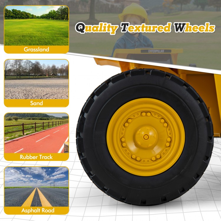 Quality textured wheel of the 12V Caterpillar kids ride-on dump truck, designed for various terrains like grassland and.