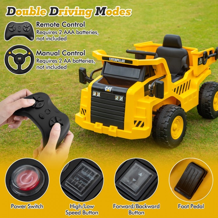 Bright yellow 12V Caterpillar kids ride-on dump truck with remote control, tiltable bump bed, and LED headlights.