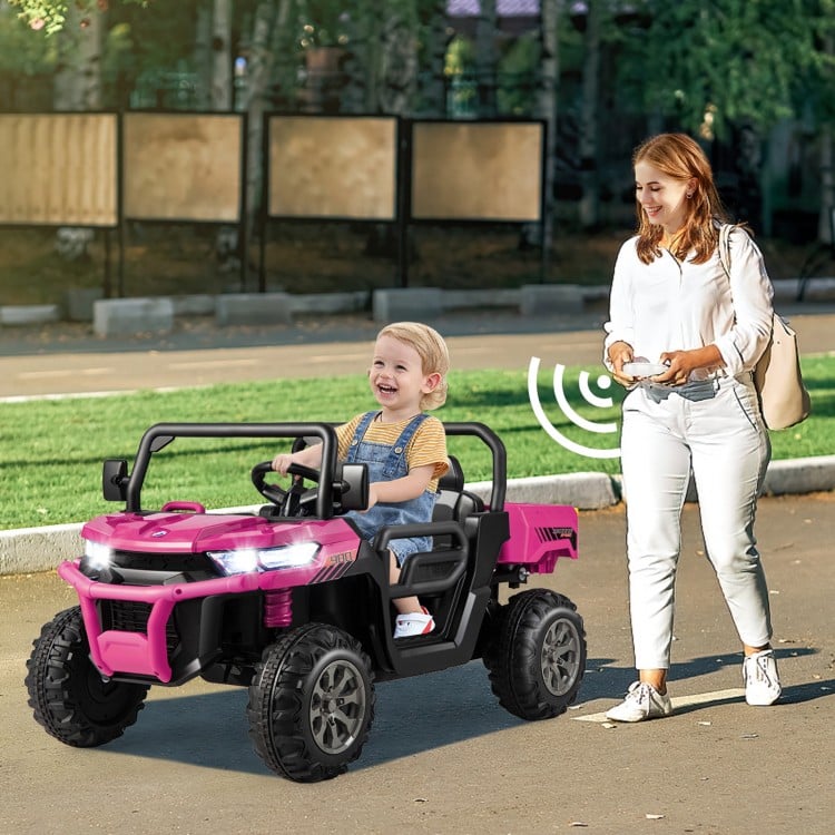 Pink 24V ride-on kids car with remote control, featuring a dump bed, spacious seat, and safety belt for secure driving.