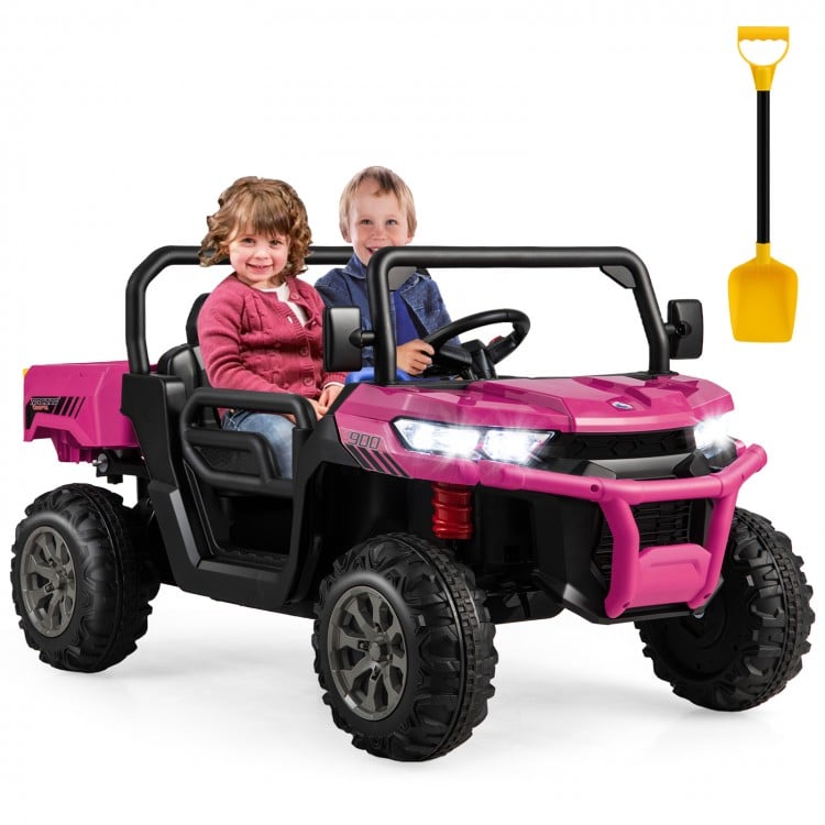 Kids ride-on car in pink with remote control, dump bed, and spacious seating for two, perfect for outdoor fun.