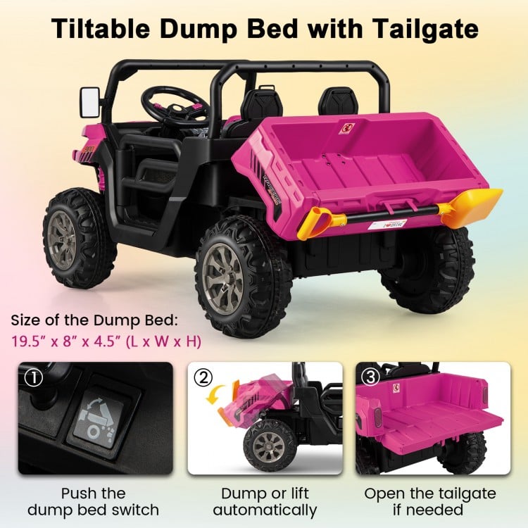 Tilted dump bed of a pink 24V ride-on kids car, featuring automatic lifting and a spacious design for young passengers.