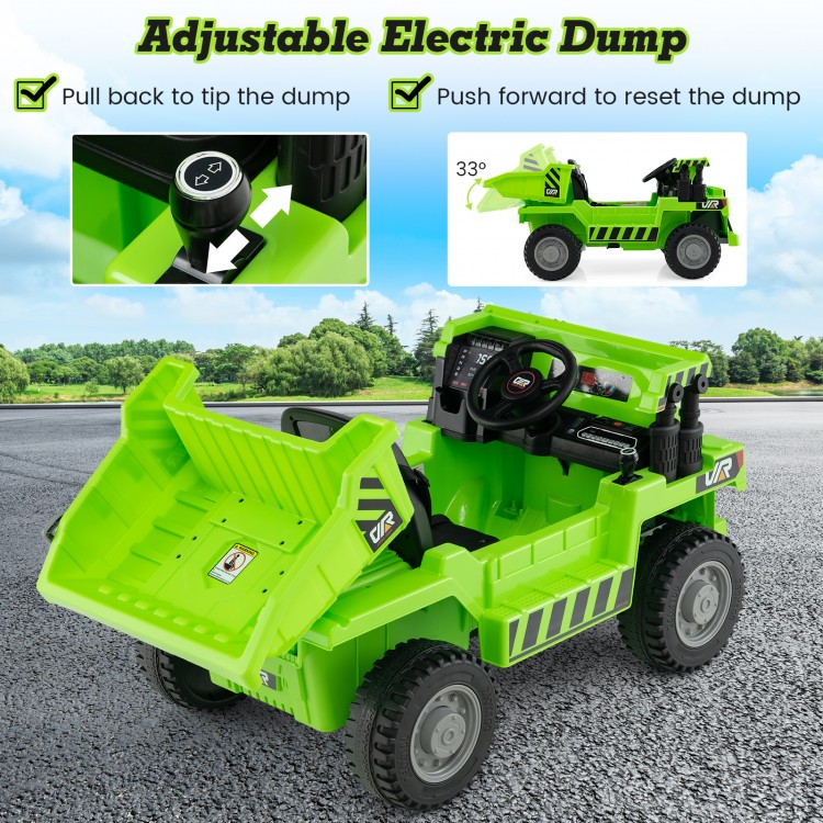 Green kids ride-on dump truck with adjustable electric dump bed, designed for safe and fun outdoor play.
