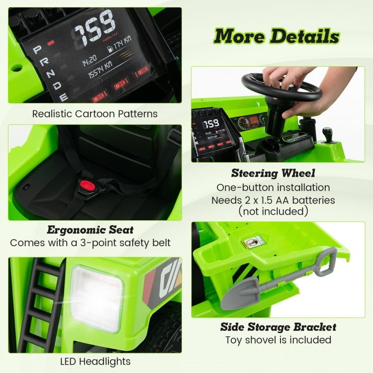 Kids ride-on dump truck in green with ergonomic seat, LED headlights, and side storage for toys and shovel.