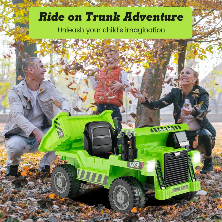 Kids ride on green dump truck with electric dump bed, remote control, and safety features for outdoor fun.