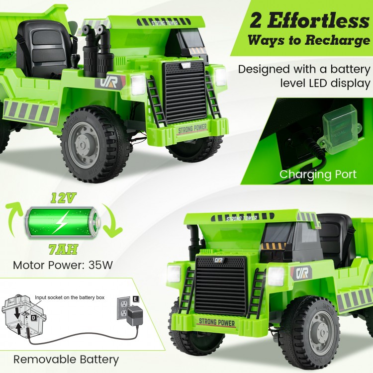 Kids ride-on dump truck in green with electric dump bed, 12V battery, and remote control for safe outdoor fun.