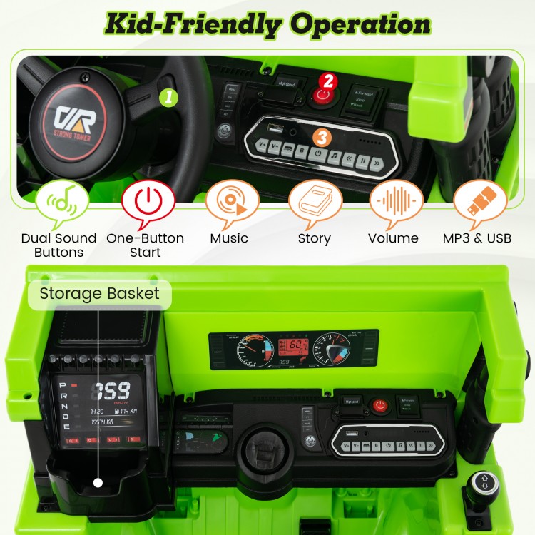 Kid-friendly control panel of the green Kids Ride on Dump Truck with music, volume, and USB features for fun driving.