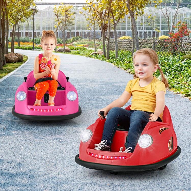 Two kids enjoying the 12V electric ride-on bumper cars in red and pink, perfect for indoor or outdoor fun.