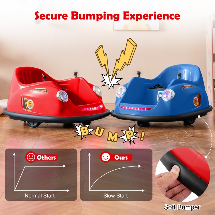 Red 12V electric kids ride-on bumper car with remote control, featuring soft bumper and LED lights for safe indoor fun.