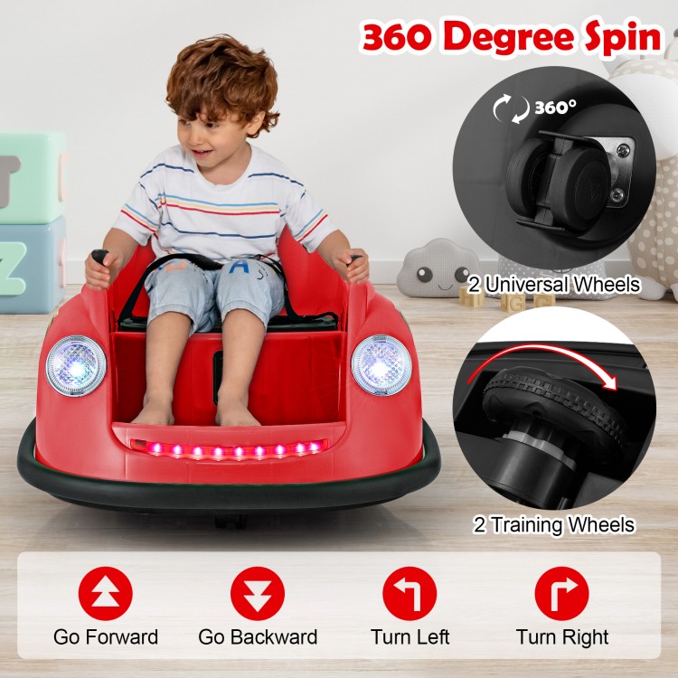 Red 12V electric kids ride-on bumper car with remote control, featuring 360-degree spin and LED lights for indoor or.