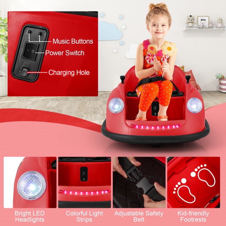 Red 12V electric kids ride-on bumper car with LED lights, remote control, and adjustable safety belt for indoor or.