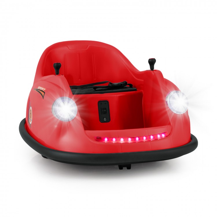 Red 12V electric kids ride-on bumper car with remote control, LED lights, and soft bumper for safe indoor or outdoor.