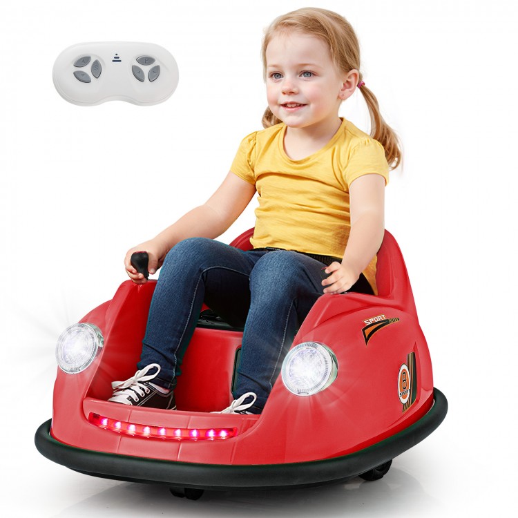 Red 12V electric kids ride-on bumper car with remote control, featuring LED lights and 360-degree spin for indoor or.