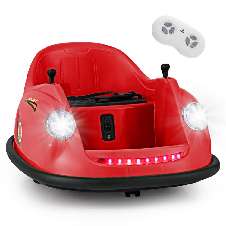 Red 12V electric kids ride-on bumper car with remote control, LED lights, and safety features for indoor or outdoor fun.