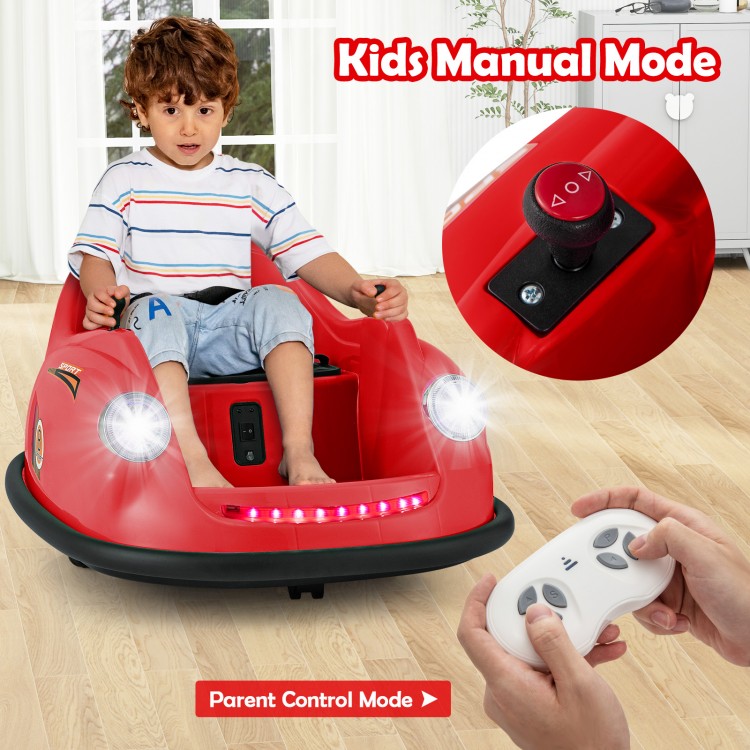 Red 12V electric kids ride-on bumper car with remote control, featuring manual mode, LED lights, and safety belt for.