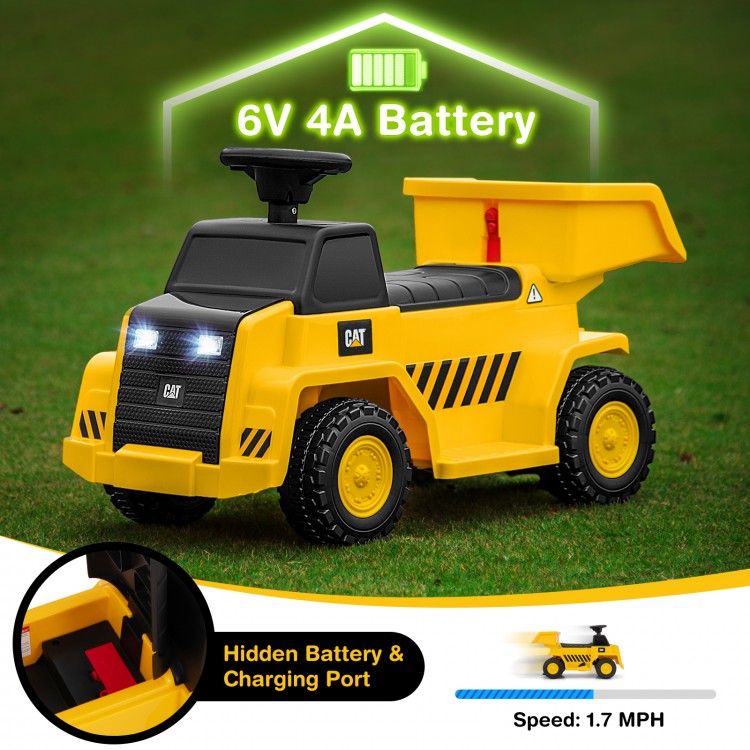 Yellow 6V Electric Caterpillar construction vehicle with detachable dump bed, LED lights, and one-button start for kids.