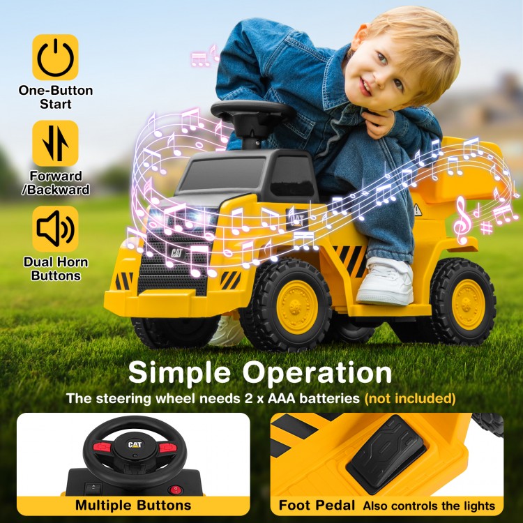 Yellow 6V electric Caterpillar construction vehicle with one-button start, foot pedal, and dual horn buttons for kids.