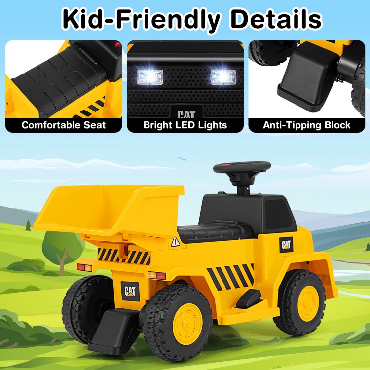 Electric Caterpillar construction vehicle in yellow with detachable dump bed and bright LED lights for kids' fun.