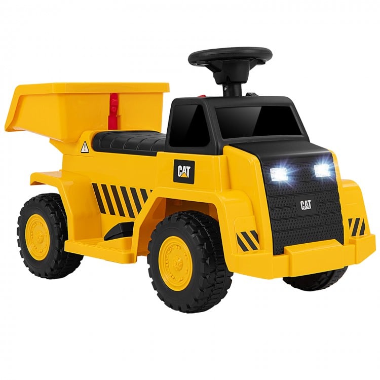 Yellow 6V electric Caterpillar construction vehicle with detachable dump bed, LED lights, and anti-slip wheels for kids.
