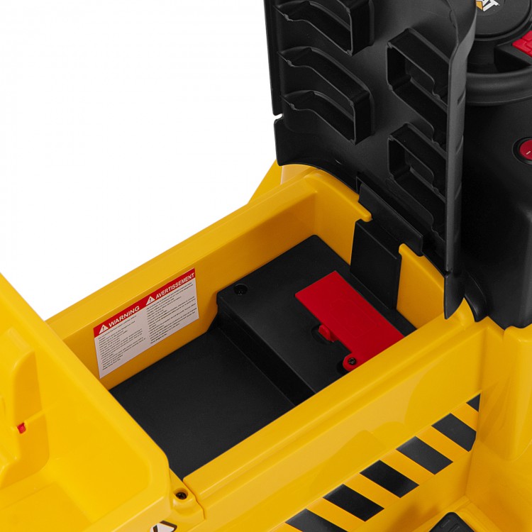 Close-up of the hidden battery and charging port in the 6V Electric Caterpillar Construction Vehicle for easy charging.