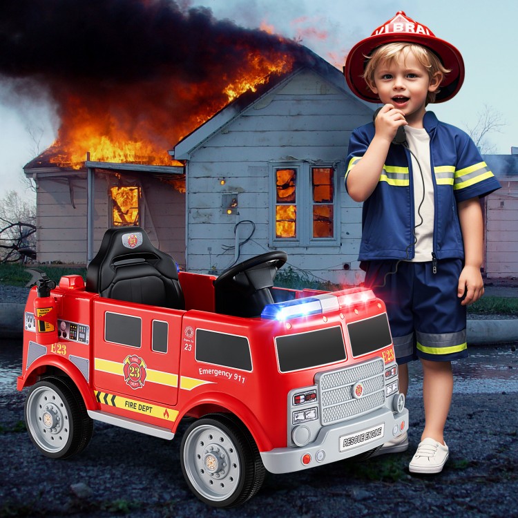 Kids ride-on fire truck in red with remote control, lights, and extinguisher, perfect for imaginative play.