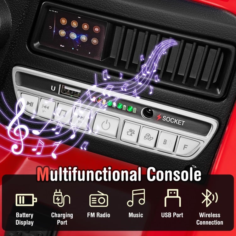 Multifunctional console of the Kids Ride on Fire Truck features USB port, battery display, and music controls for fun.