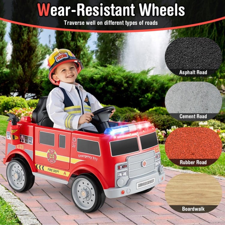 Kids ride-on fire truck in red with wear-resistant wheels, remote control, and storage compartment for outdoor fun.