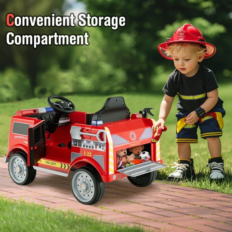 Kids ride-on fire truck in red with convenient storage compartment, perfect for imaginative play and outdoor adventures.