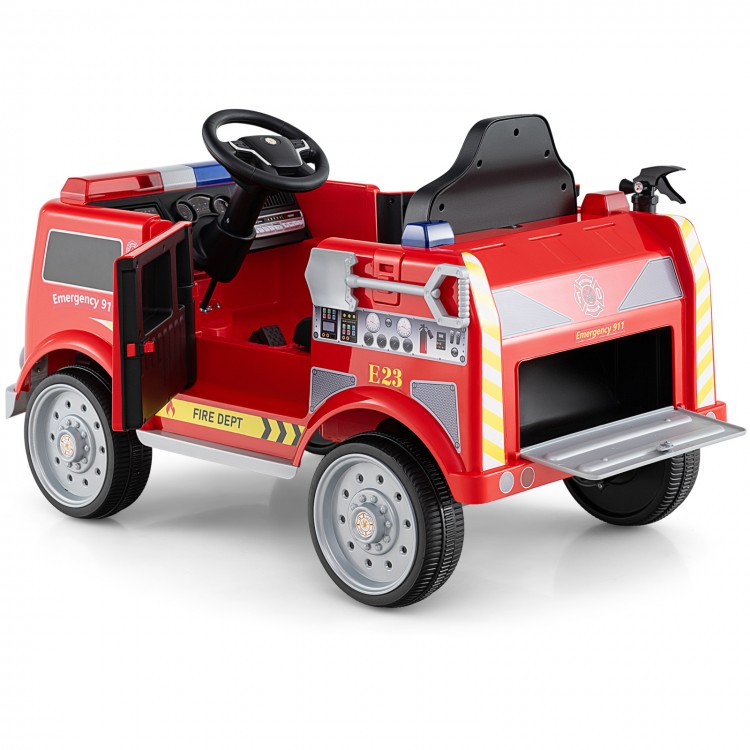 Kids ride-on fire truck in red with remote control, storage compartment, and safety features for ages 3-8.