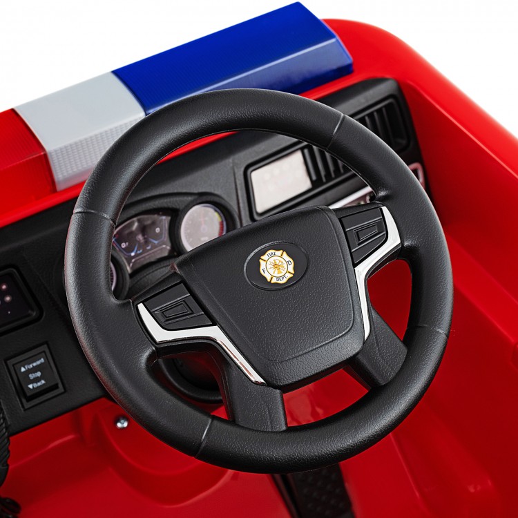 Steering wheel of the Kids Ride on Fire Truck in red, featuring buttons for sirens and lights, designed for ages 3-8.