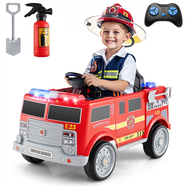 Kids ride-on fire truck in red with remote control, extinguisher, and storage, designed for children aged 3-8 years.