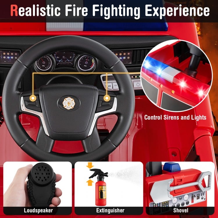 Kids ride-on fire truck steering wheel with buttons for sirens, lights, loudspeaker, extinguisher, and shovel for.