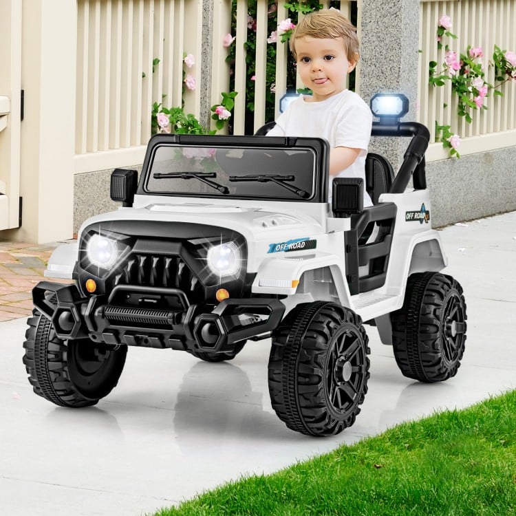 Kids ride-on truck in white with threaded wheels, remote control, and LED headlights for fun outdoor adventures.