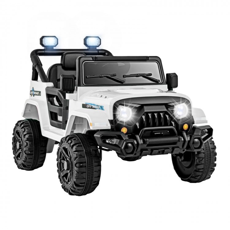 12V kids ride-on truck in white with LED headlights, all-terrain wheels, and remote control for ages 3+.