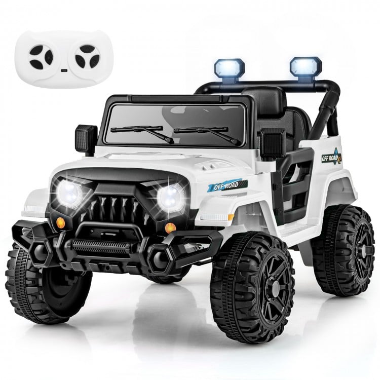 12V kids ride-on truck in white with remote control, all-terrain wheels, and LED headlights for outdoor fun.