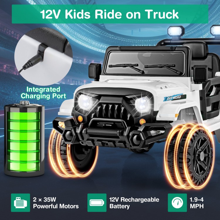 12V kids ride on truck in white with threaded wheels, remote control, and integrated charging port for outdoor fun.