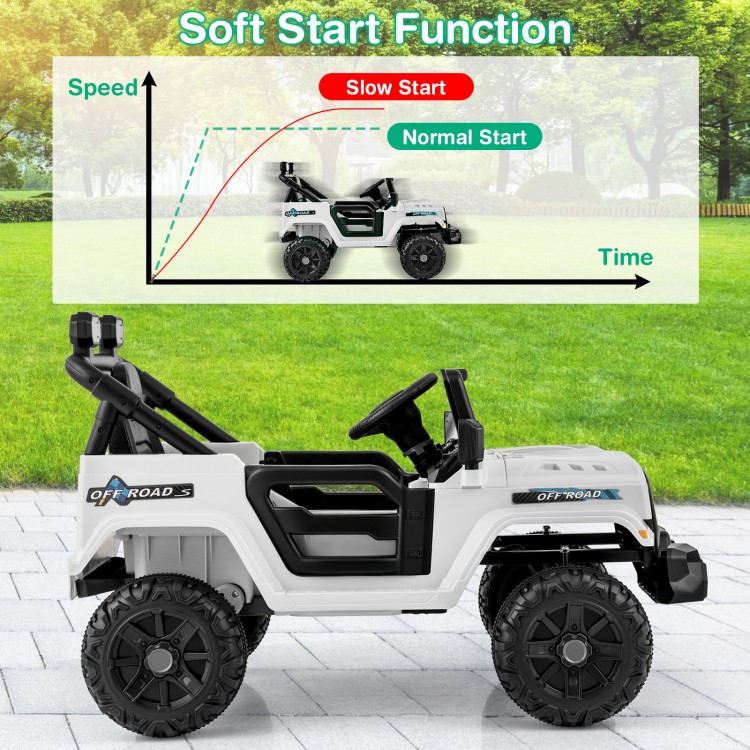 Kids ride-on truck car in white with remote control, all-terrain wheels, and soft start function for smooth driving.