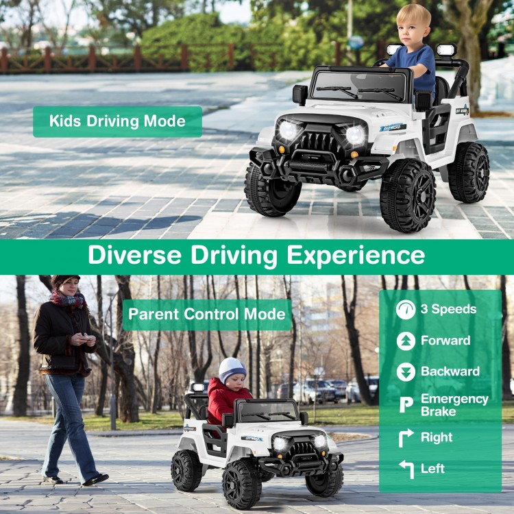Kids ride-on truck in white with remote control, featuring all-terrain wheels and 3-speed settings for outdoor fun.
