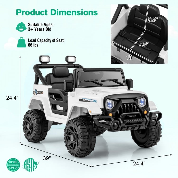 Dimensions of the 12V Kids Ride on Truck Car with remote control, featuring a spacious seat and safety belt for comfort.