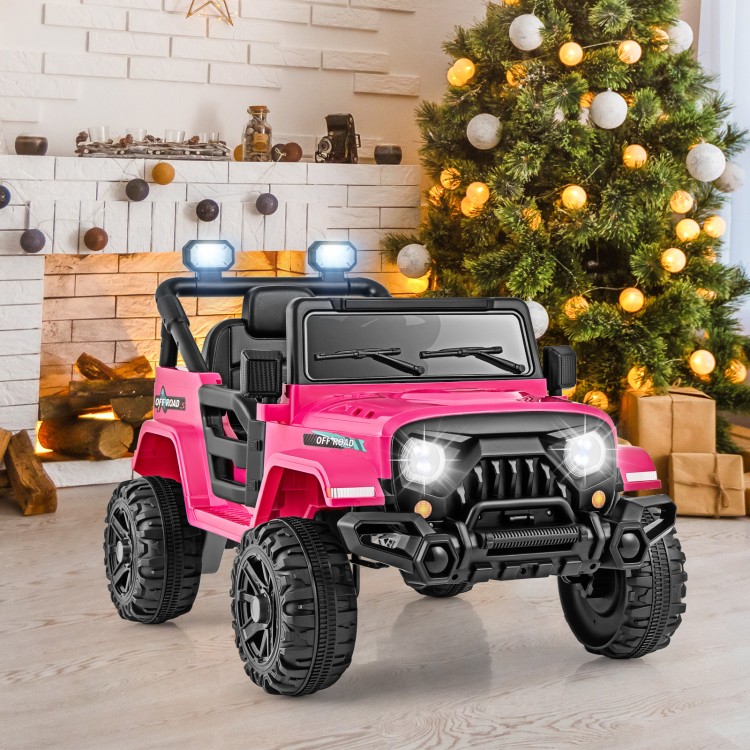 Pink 12V kids ride-on truck with remote control, all-terrain wheels, and LED headlights for fun outdoor adventures.