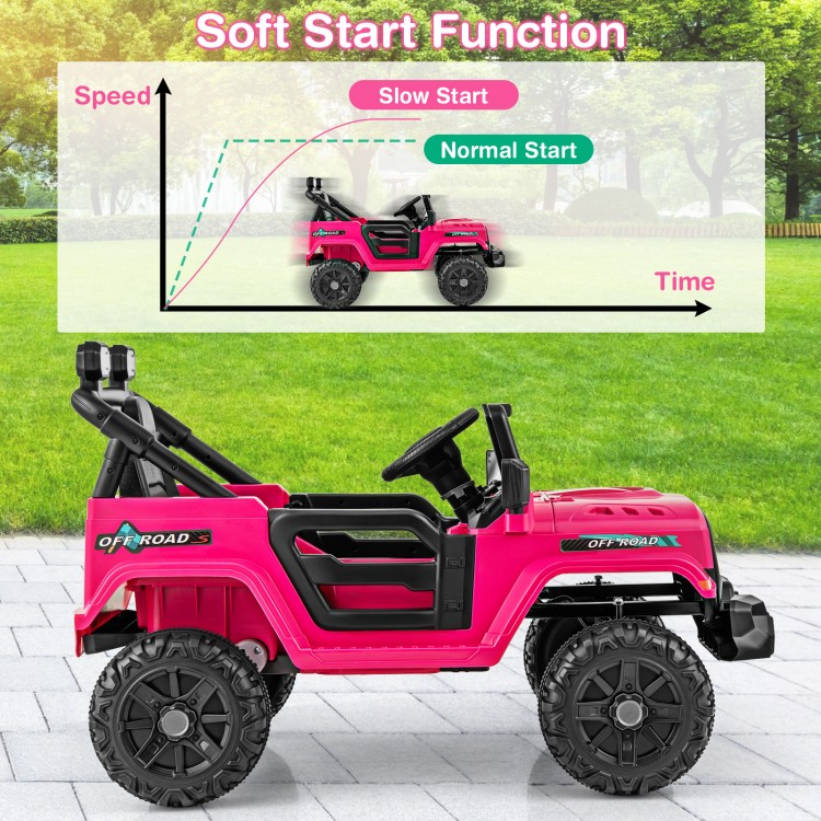 12V pink kids ride-on truck with remote control, all-terrain wheels, and soft start function for smooth driving.