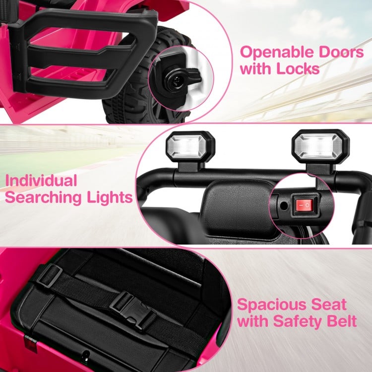 Openable doors with locks, spacious seat with safety belt, and individual searching lights on the pink 12V kids ride-on.