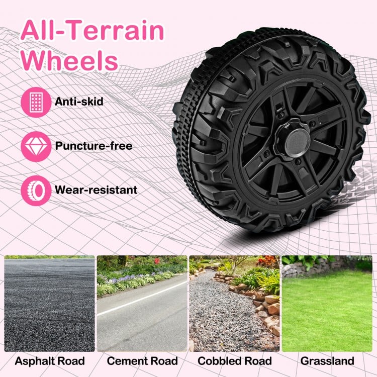 All-terrain wheels of a 12V kids ride-on truck, featuring anti-skid, puncture-free, and wear-resistant design for.