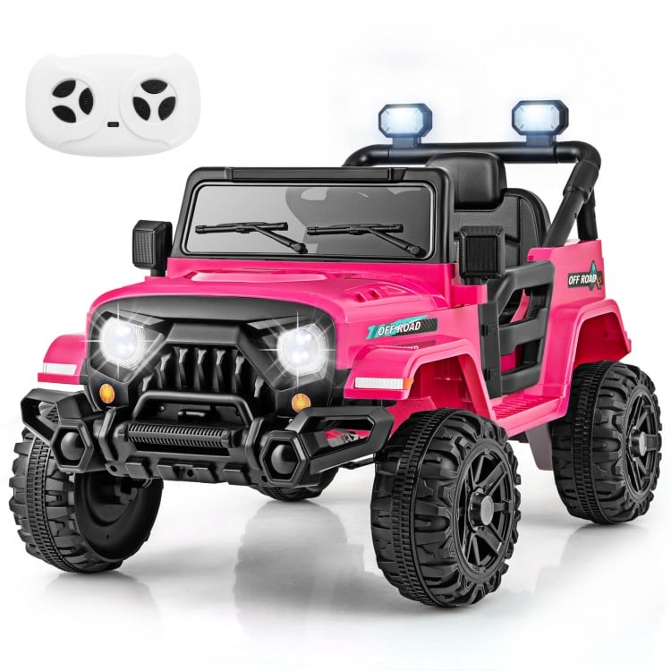 Bright pink 12V kids ride-on truck with remote control, all-terrain wheels, and LED headlights for outdoor fun.