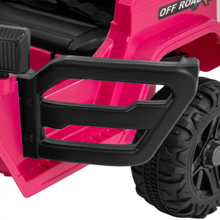 Close-up of the pink handle of the 12V Kids Ride on Truck, featuring a sturdy design for safe driving.