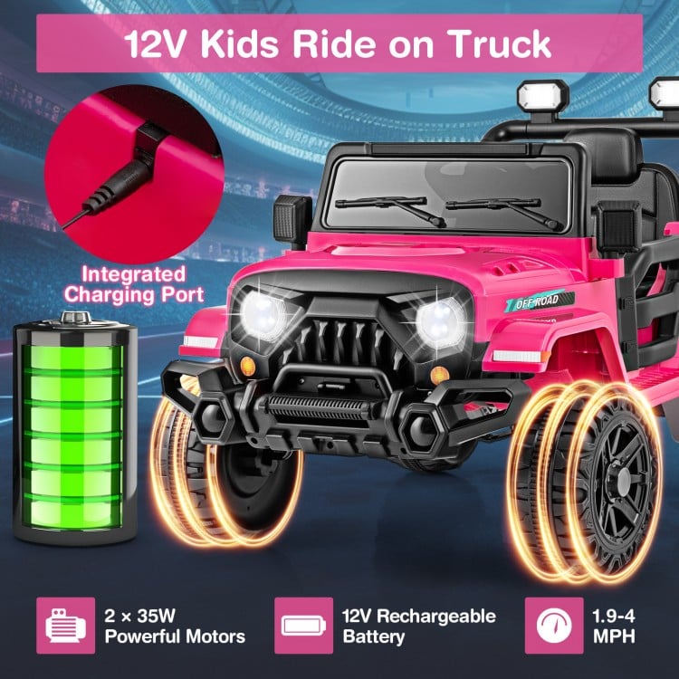 12V pink kids ride-on truck with remote control, all-terrain wheels, and 3 speed settings for fun outdoor adventures.