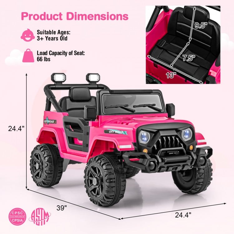 Dimensions of the pink 12V kids ride-on truck with remote control, featuring a spacious seat and all-terrain wheels.