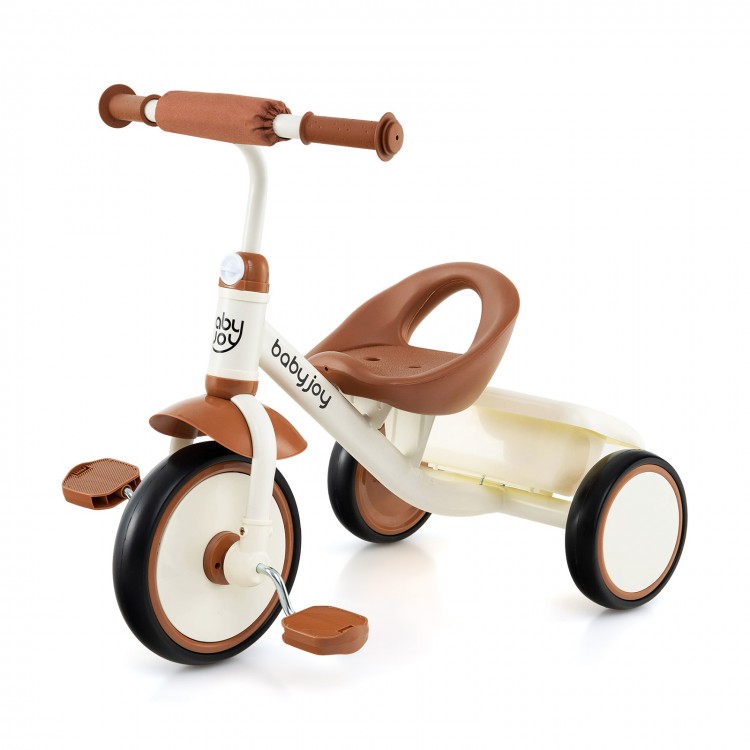 Toddler tricycle in beige with adjustable seat, all-terrain wheels, and rear storage basket for kids aged 3-5 years.