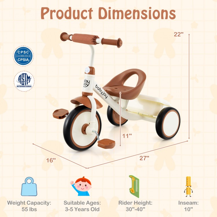 Toddler tricycle with adjustable seat, beige color, featuring all-terrain wheels and rear storage basket for ages 3-5.