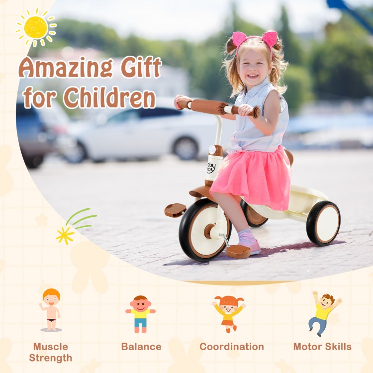Toddler tricycle in beige with adjustable seat, basket, and all-terrain wheels for children aged 3-5 years old.