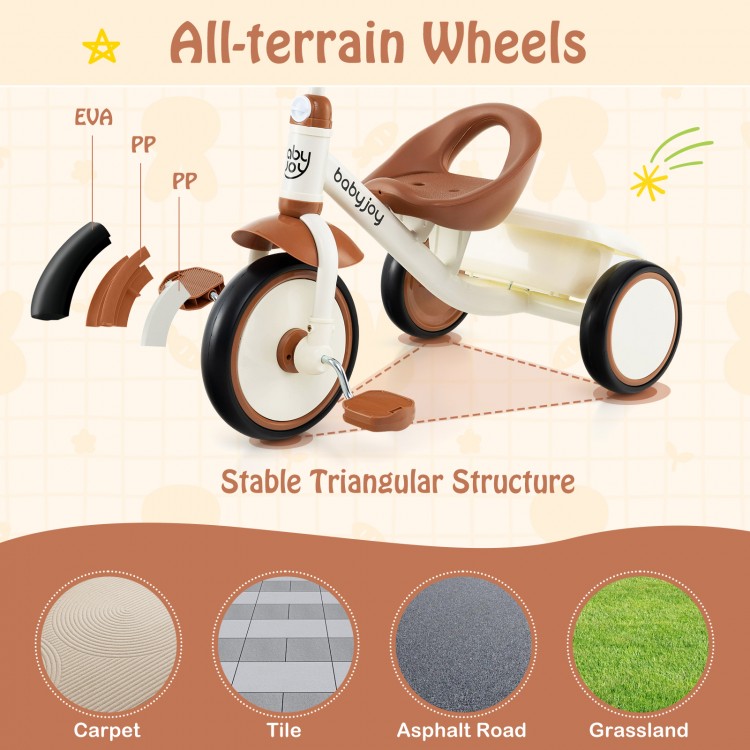 Close-up of all-terrain wheels on a beige toddler tricycle, featuring durable multi-layered construction for stability.